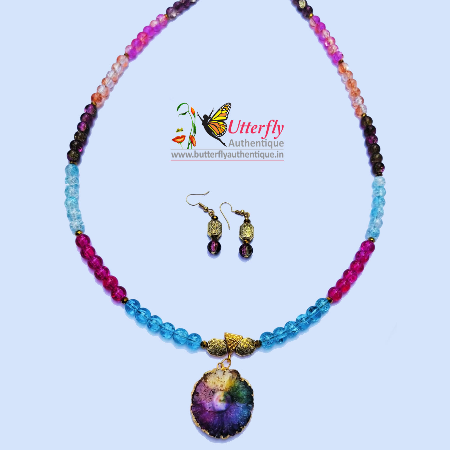 Rainbow Agate Necklace with Earrings 02