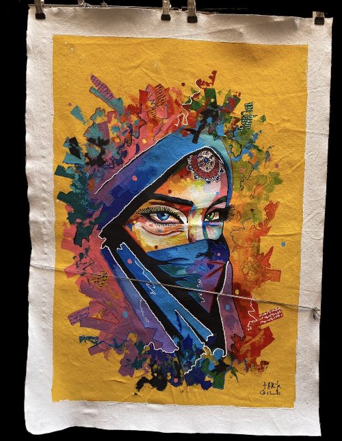 Peinture sur toile, acrylique street art Personnage berbère, Signé TARIK