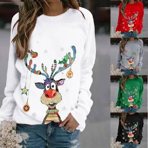 New Women's Knitted Rudolph Reindeer Printed Long-sleeved Sweater Christmas Round