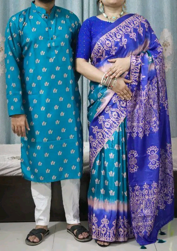 চান্দুরি সিল্কের কাশ্মীরি শাড়ির সৌন্দর্য আর স্টাইলিশ পাঞ্জাবির কাপল ড্রেস।