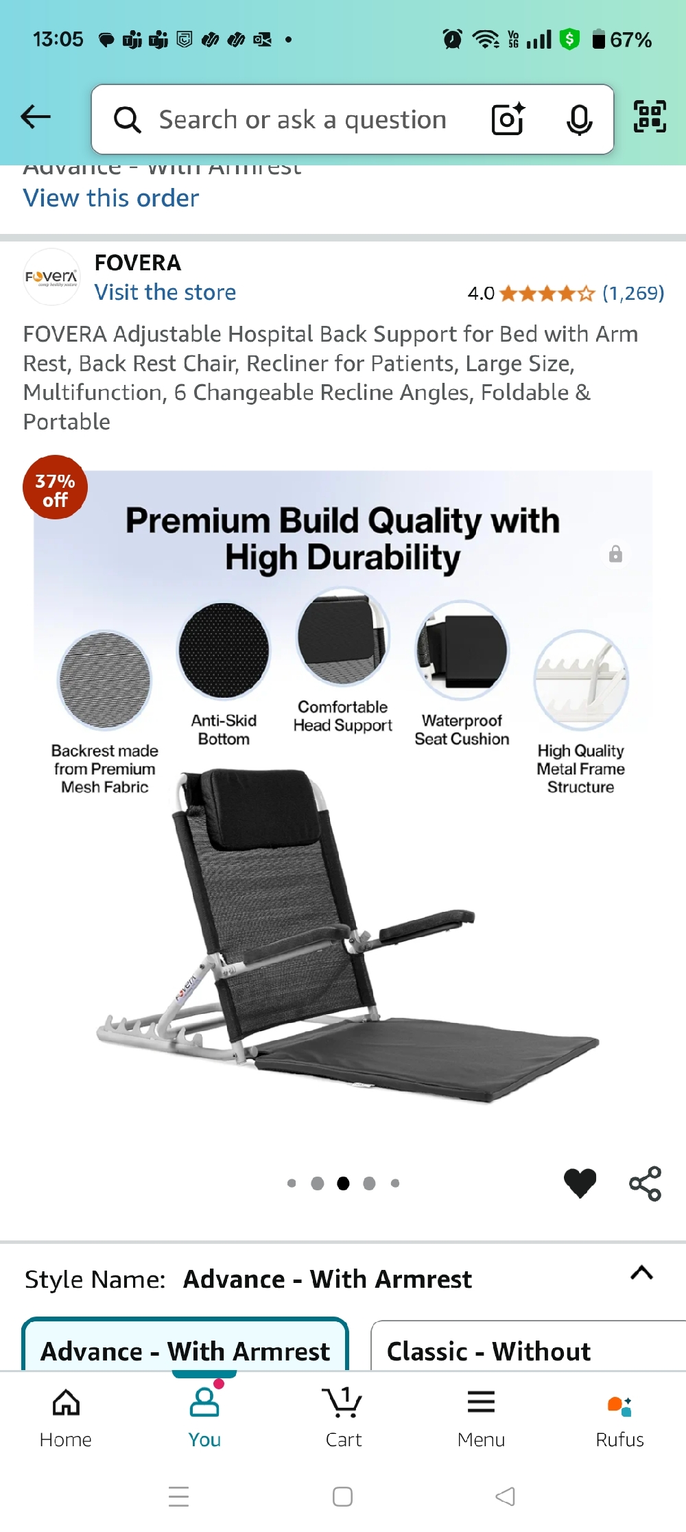 Adjustable Hospital Back Support for Bed with Arm Rest, Back