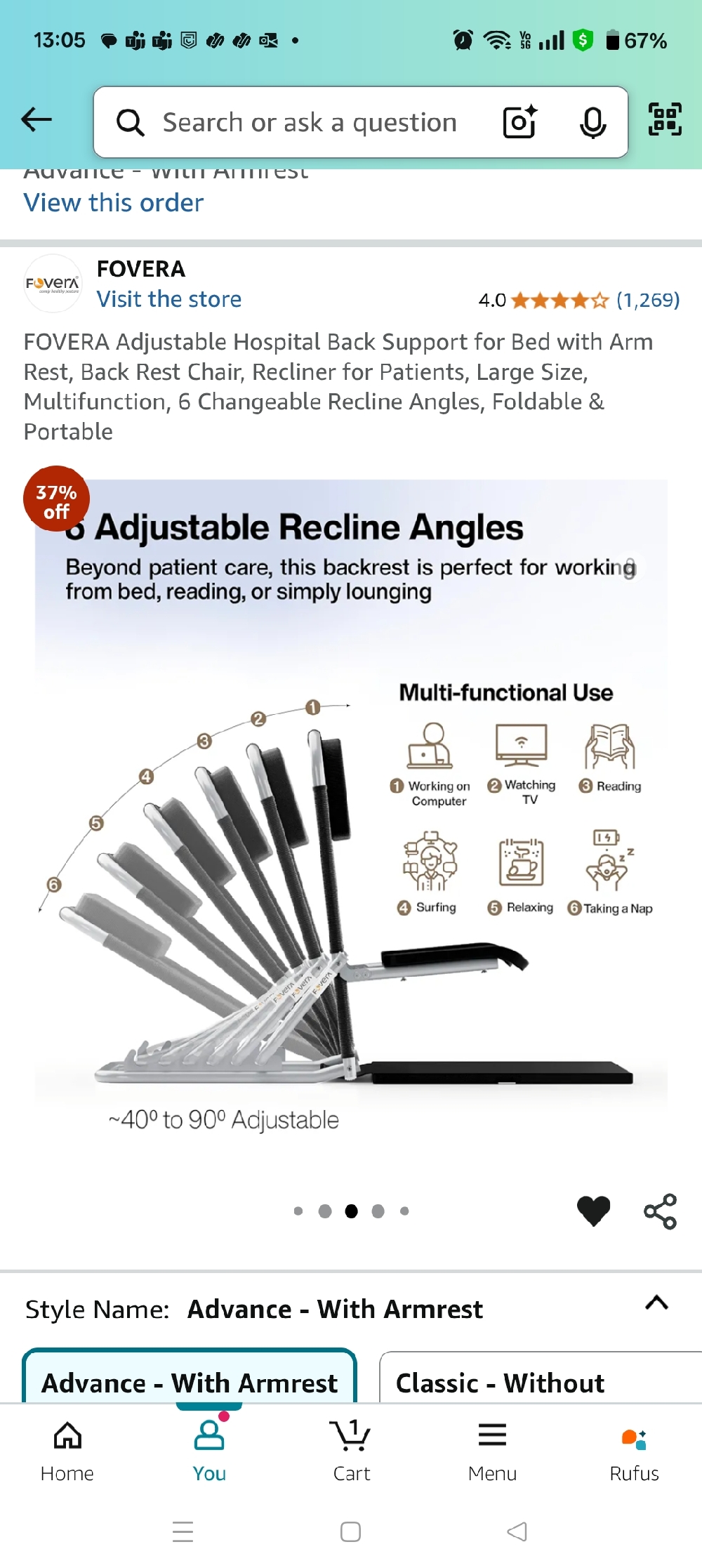 Adjustable Hospital Back Support for Bed with Arm Rest, Back