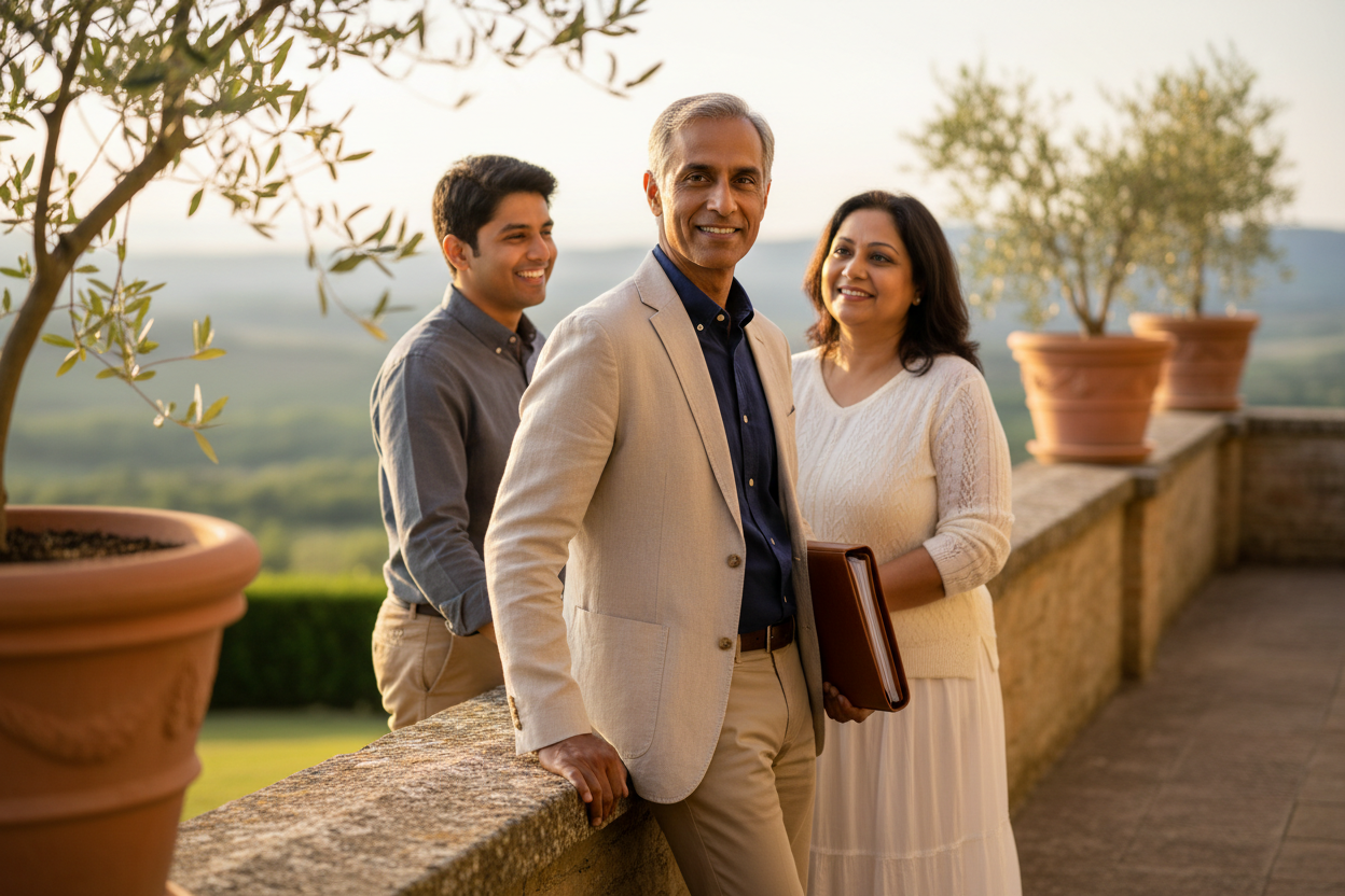 Smiling retired couple reviewing mortgage documents