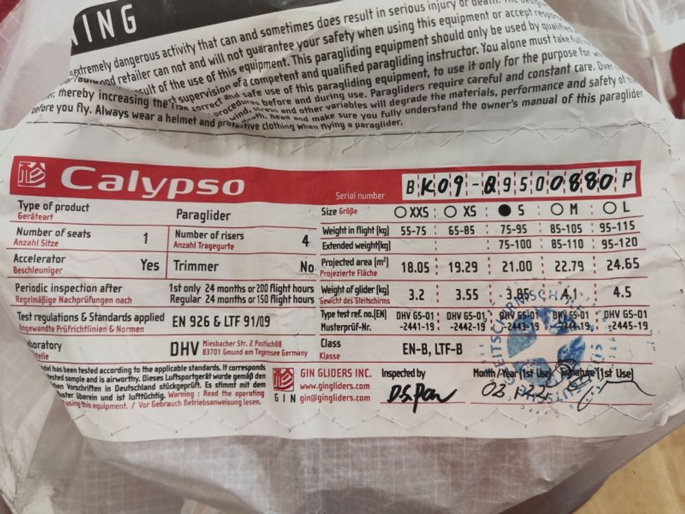 GIN Calypso S Gleitschirm 2022 gebraucht thumbnail