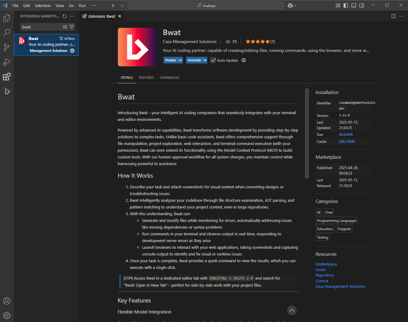 VS Code marketplace showing Bwat extension