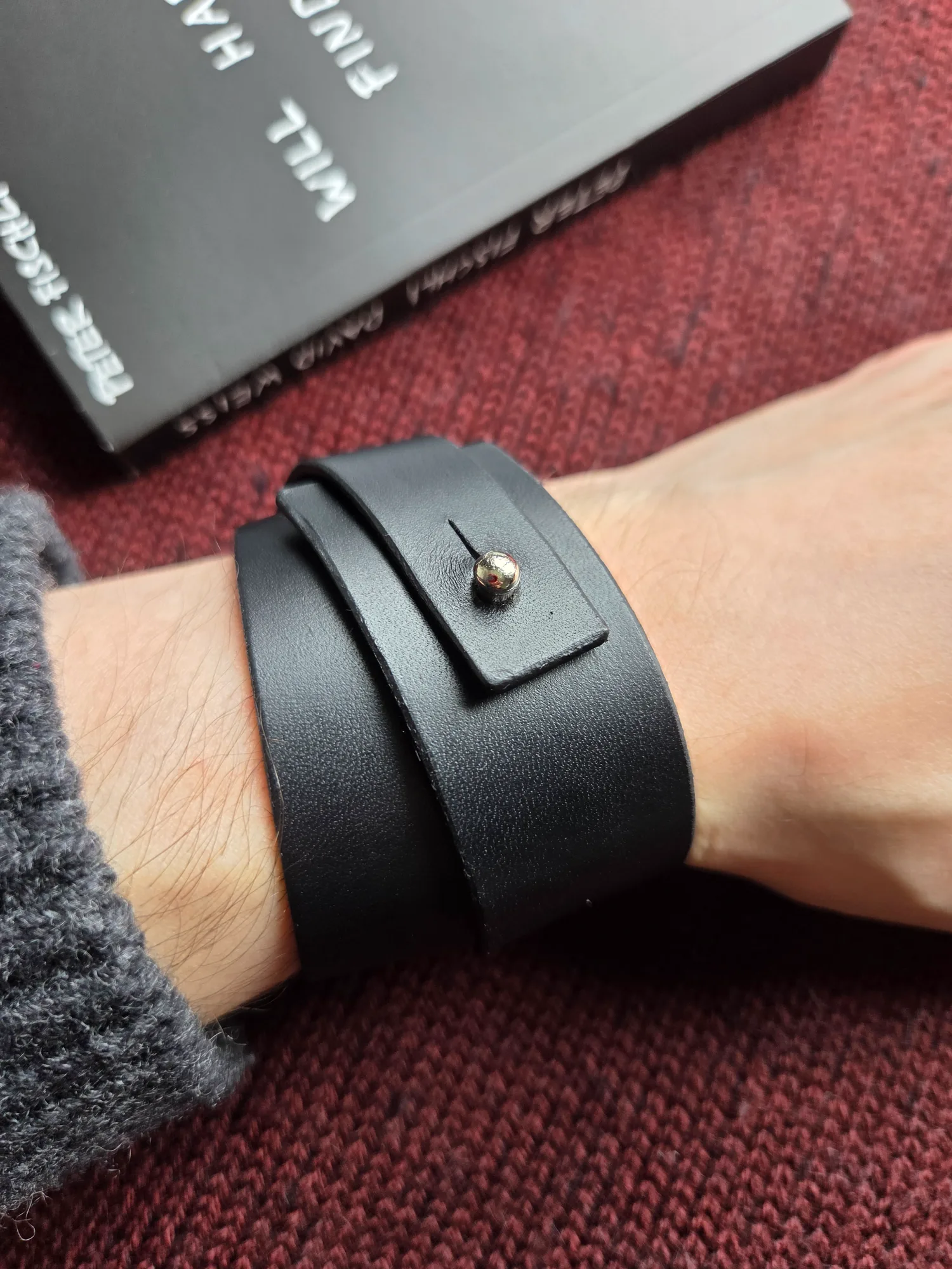 Minimalist black leather wrap cuff bracelet