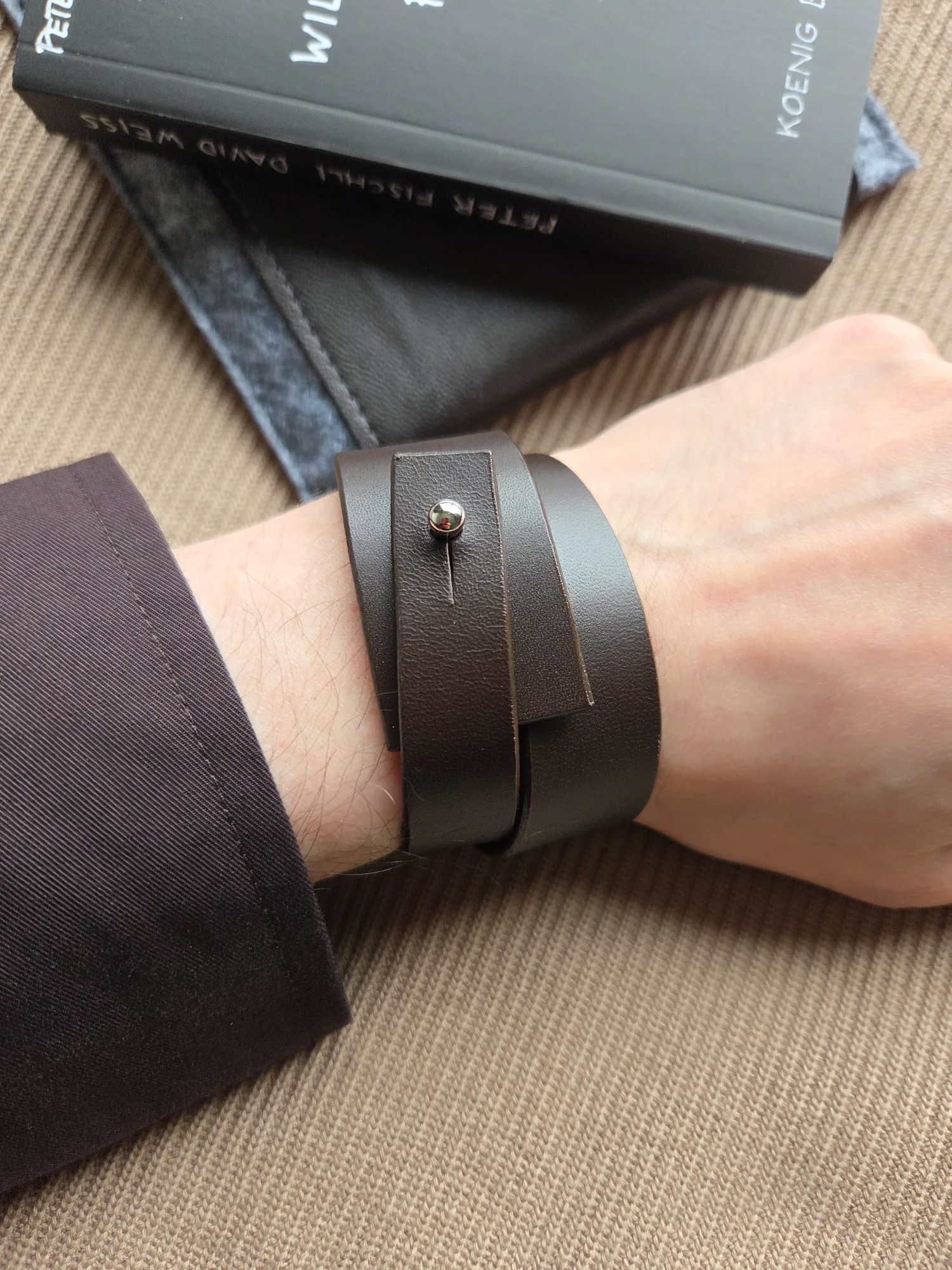 Minimalist brown leather wrap cuff bracelet