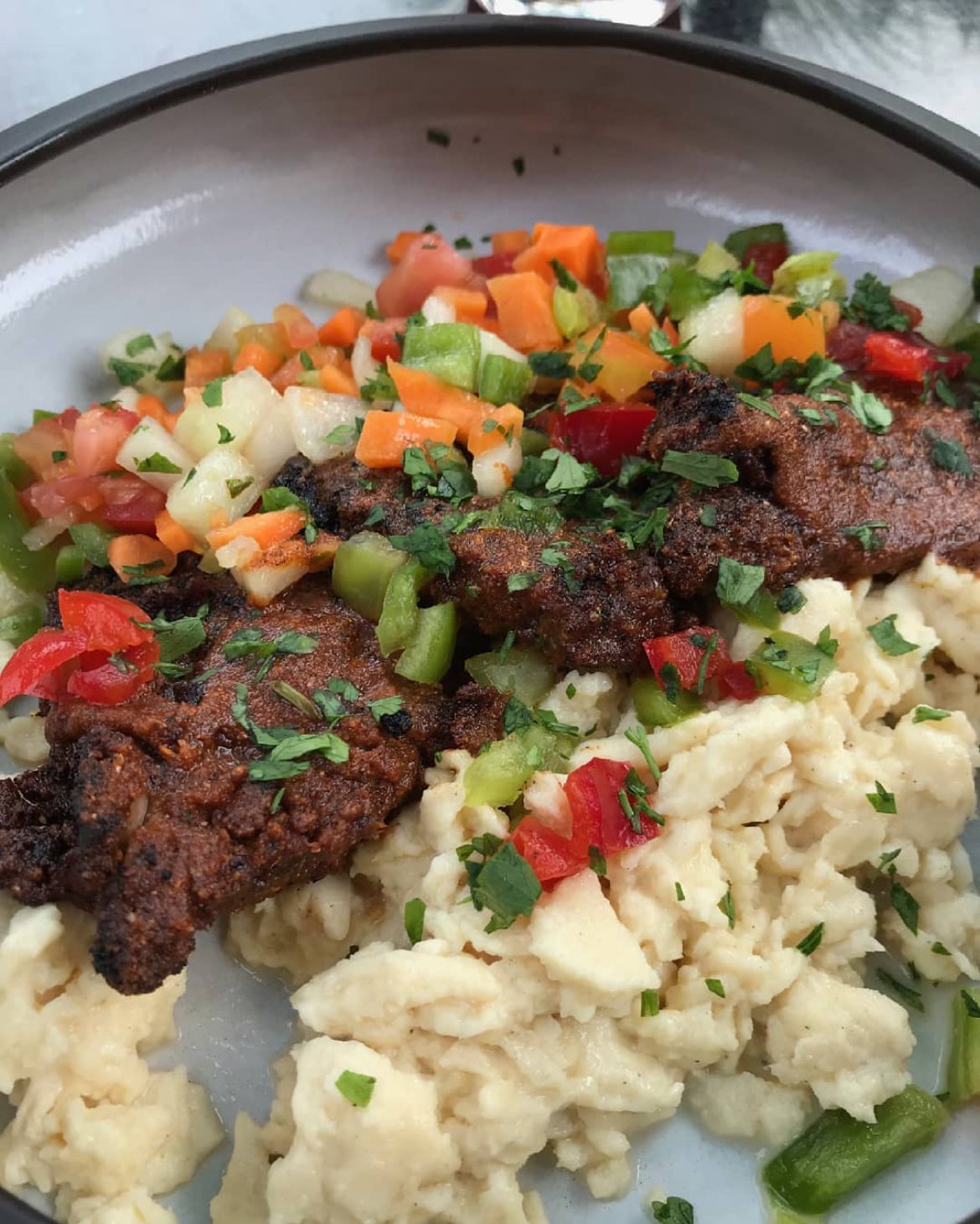 Suya Crusted Steak and Scrambled Eggs
