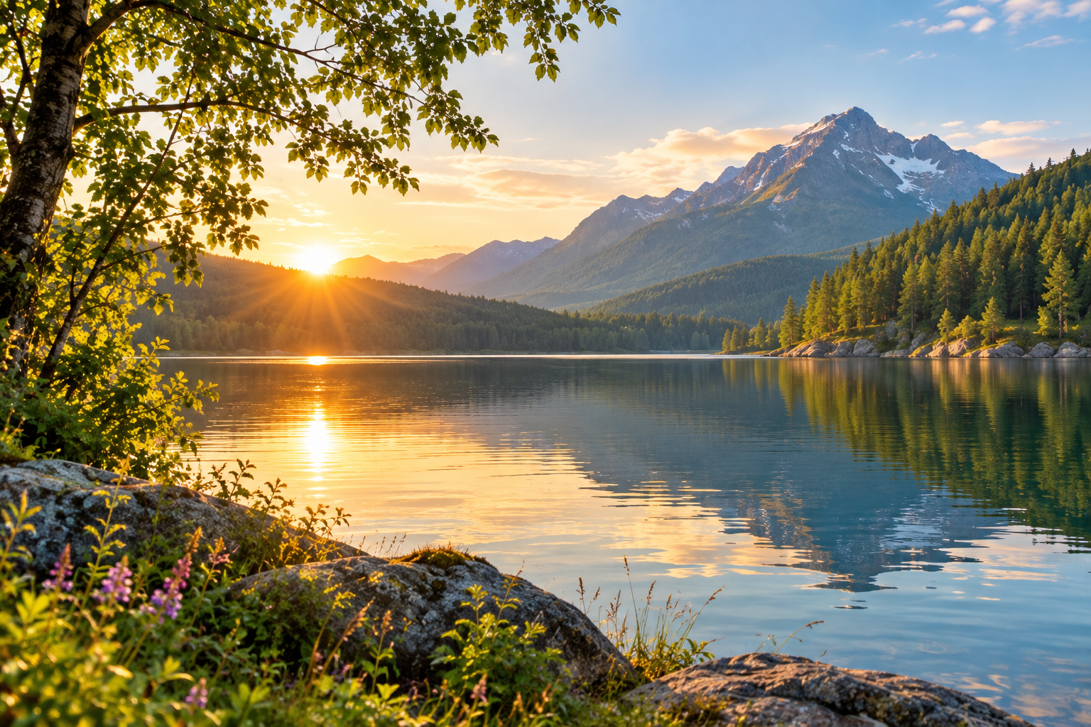 A peaceful lake surrounded by green trees and natural scenery under a clear sky.