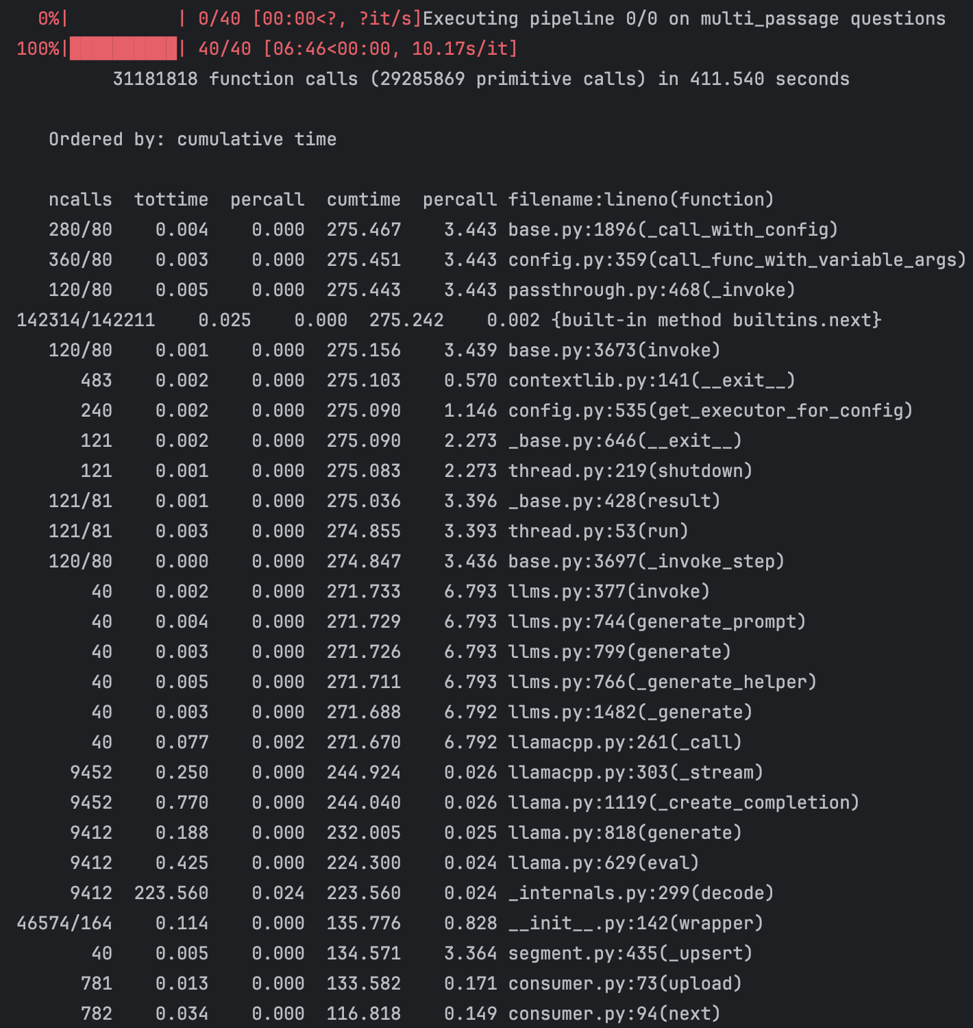 The results of cProfile. Notice how [LlamaCpp](https://github.com/abetlen/llama-cpp-python) takes up almost all of the execution time of the program.