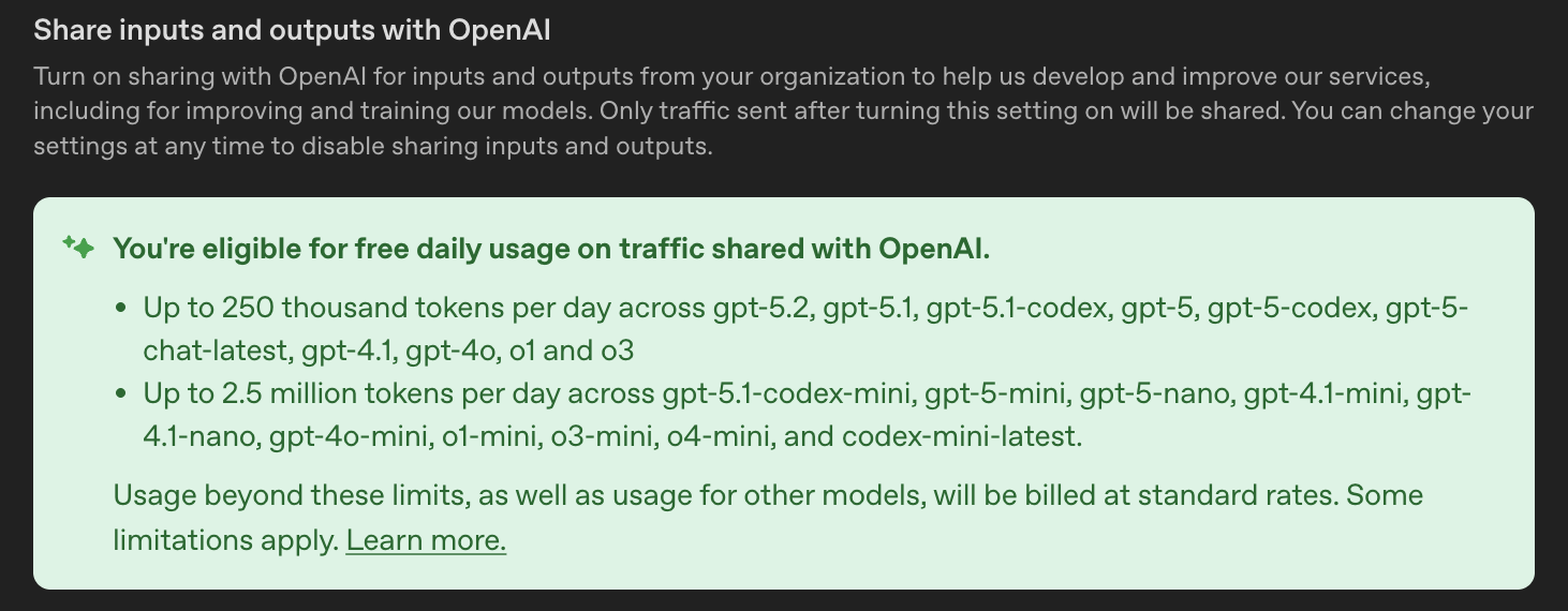 The banner in the OpenAI platform site explaining the free token deal.