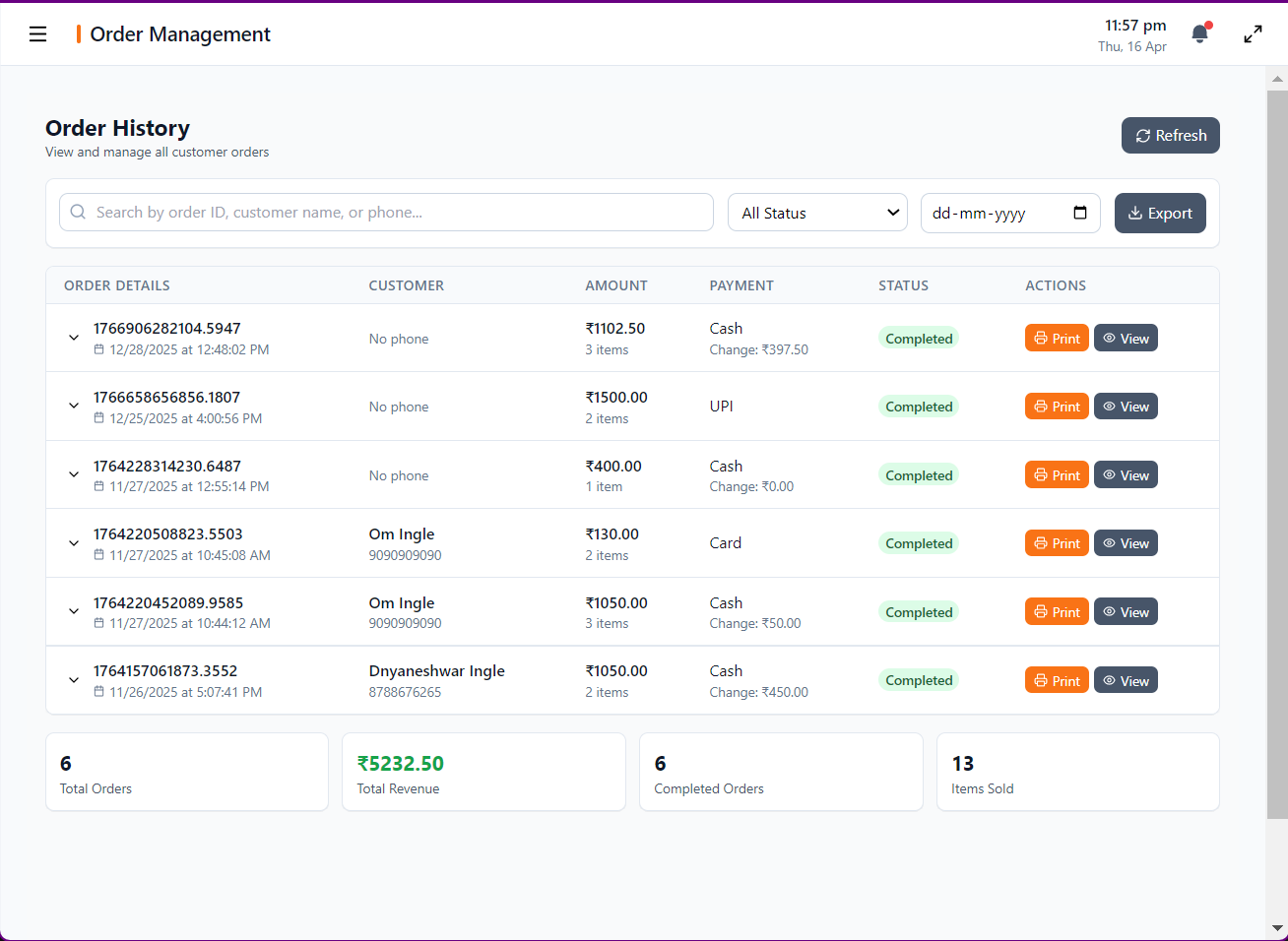 Orders Page