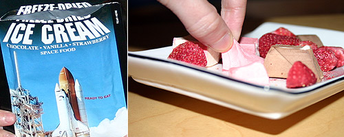 Exposure of freeze dried ice-cream to air leaves it sticky enough to lift up plate © c-lab 2007