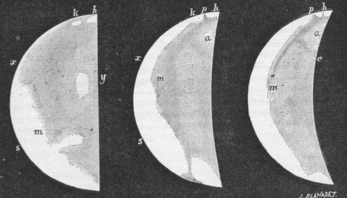 Schiaparelli’s depictions of amorphous, low-contrast shadings in the cloud canopy of Venus. From A. T. Arcemis, Astronomía popular (Barcelona, 1901). Schiaparelli’s depictions of amorphous, low-contrast shadings in the cloud canopy of Venus. From A. T. Arcemis, Astronomía popular (Barcelona, 1901).
