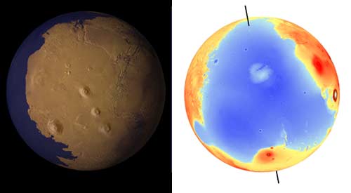 A view of Mars as it might have appeared more than 2 billion years ago, with a low-latitude ocean filling the lowland basin that now occupies the north polar region.