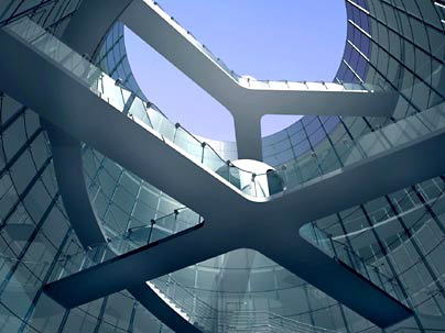 Interior atrium featuring bridges representing X and Y chromosomes