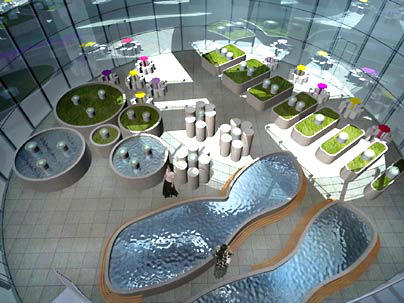 Rendering of interior garden with biologically inspired features