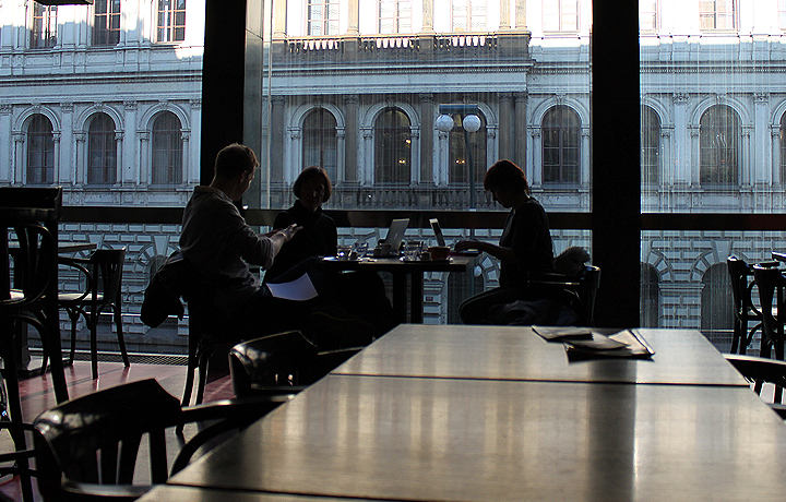 Howard Boland chatting to Silke Lange and Heather Barnett at cafe in National Theatre
