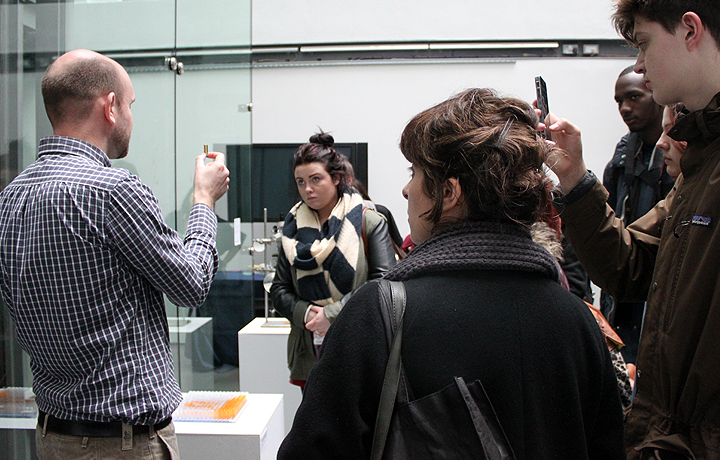 Mark Clements explaining the scientific principle that leads sewage bacteria in 'Transient Images' to produce hidden ima