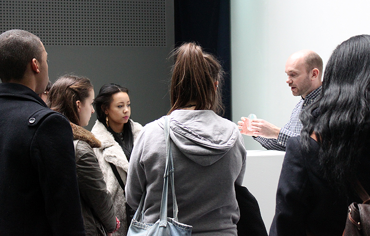 Mark Clements explaining the art and science behind 'Sugar Rush' a display for visualising bacteria's preference to suga