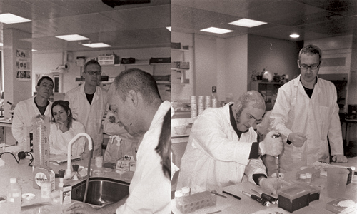 Left: Jose Eugenio Marchesi, Laura Cinti and Tony Dunne listening to Gary Cass. Right: Franko B and Tony Dunne. Biotech 