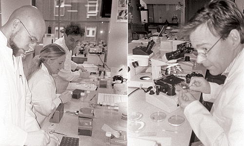 Left: Brandon Balangee, Hege Tapio and Jens Hauser. Right: Wim Delvoye.  Biotech Art Workshop, Kings College London, Pho