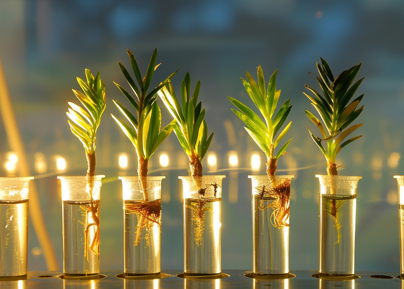 Becoming Female, Five cycad plantlets suspended in test tubes with nutrient liquid, shown mid-propagation in a lab envir