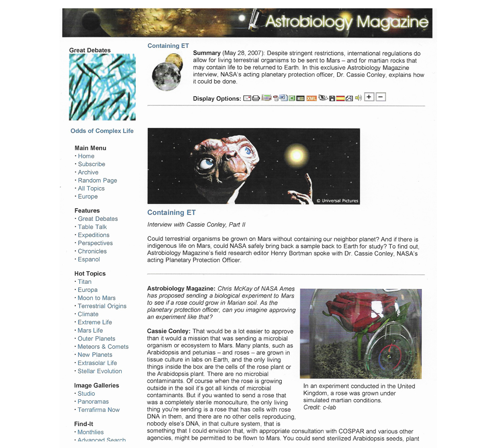 Containing ET, Astrobiology Magazine, NASA-Sponsored Online Science Magazine, USA, 2007