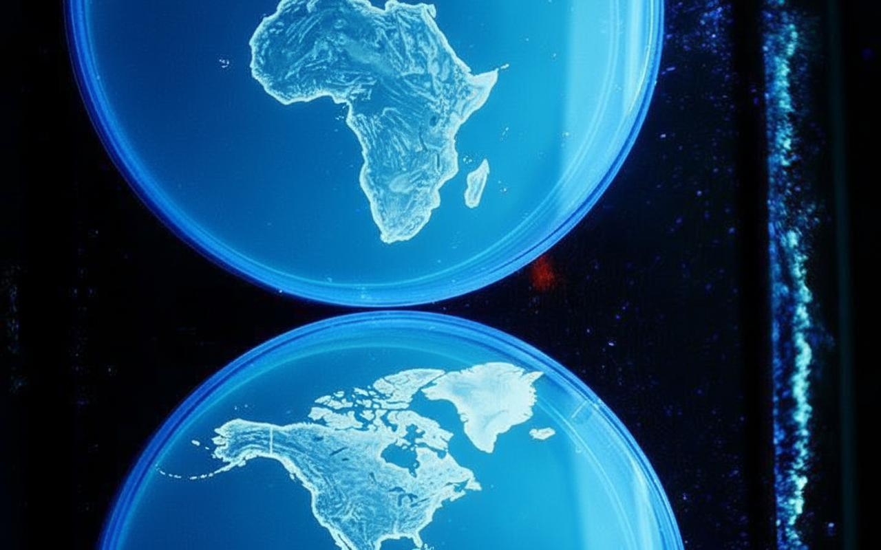 Fluorescent Africa: draft of bacteria under UV, Bacterial World, Howard Boland