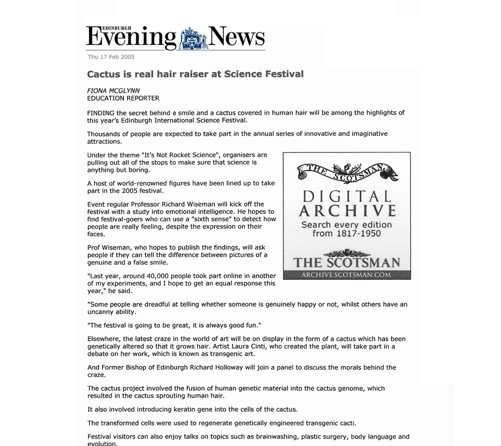 Cactus Is Real Hair Raiser at Science Festival, Fiona McGlynn, Edinburgh Evening News, Scotland, 2005