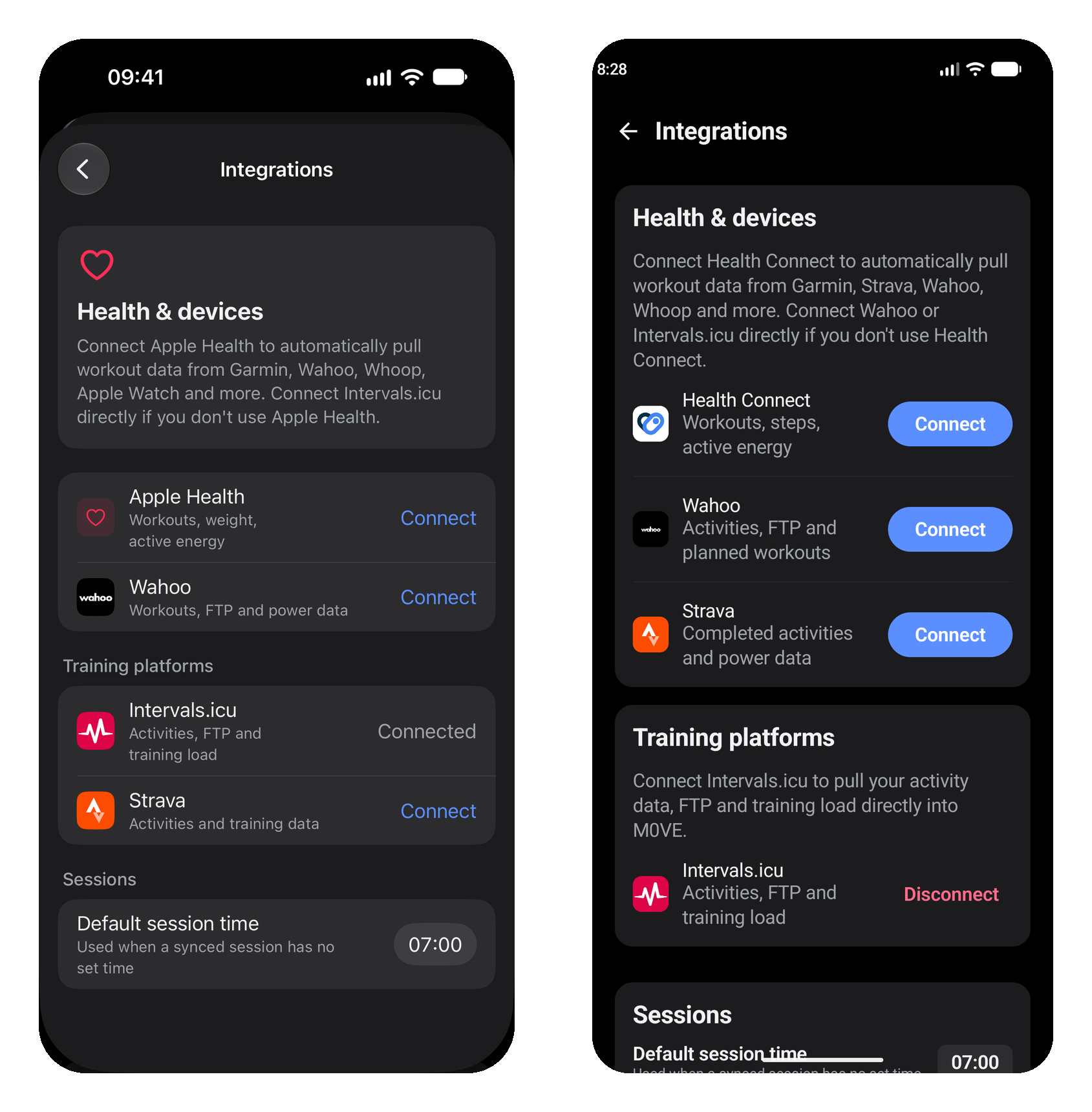 The Integrations screen on iPhone and Android, with Apple Health or Health Connect, Wahoo, Strava and Intervals.icu