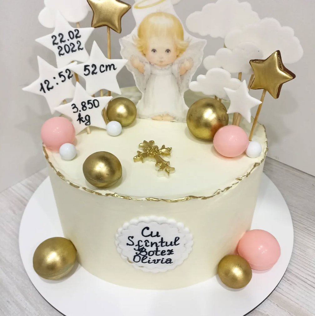 Tort Botez Fetiță cu Îngeraș, Stelute Milestone și Sfere