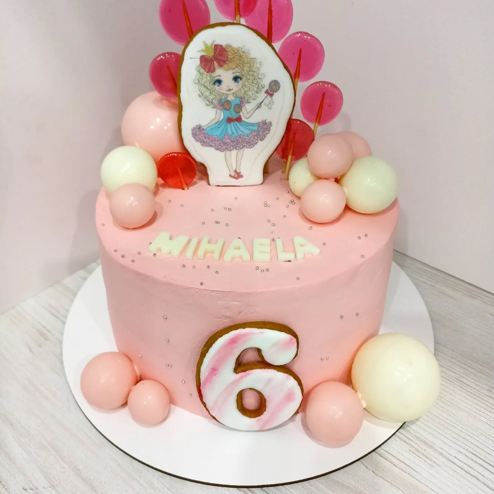 Tort Roz cu Topper Fetiță, Acadele și Cifra 6