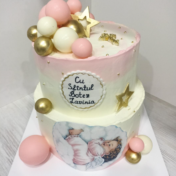 Tort Botez Fată: Îngeraș, Sfere Pastel și Mesaj Personalizat