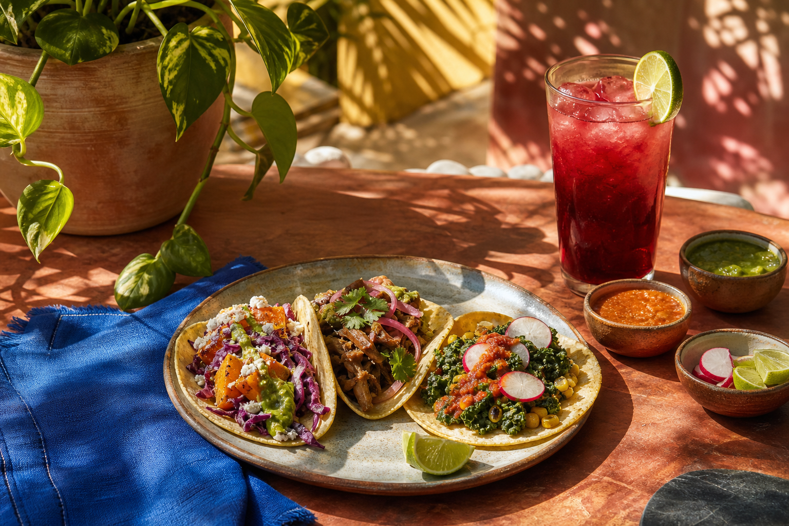 Conceptual AI illustration of tacos and agua fresca on a sunny table; not the announced Ditroit Venice location.