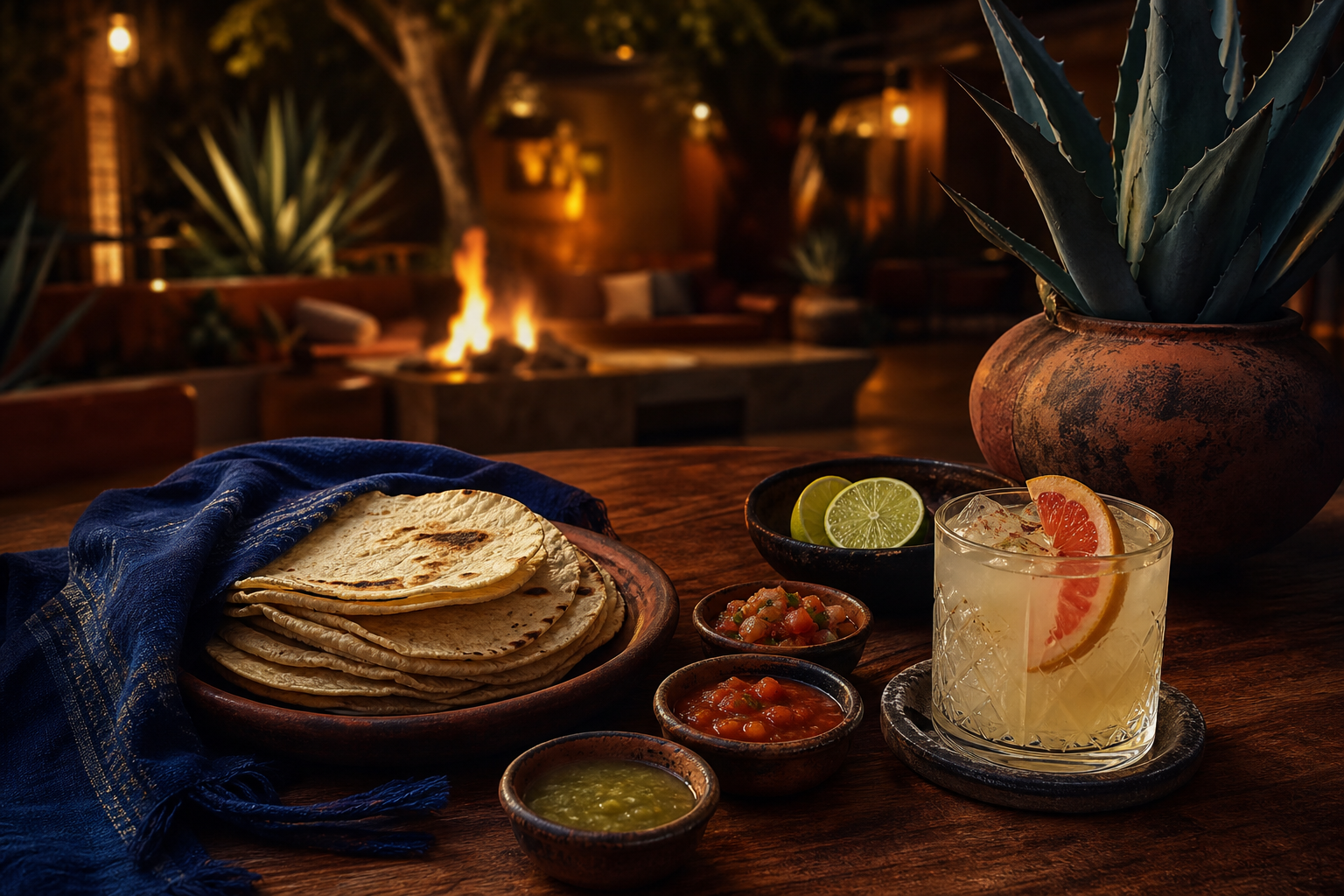 Conceptual AI illustration of tortillas, salsa and a citrus cocktail; not Sueño or Alma Agave.