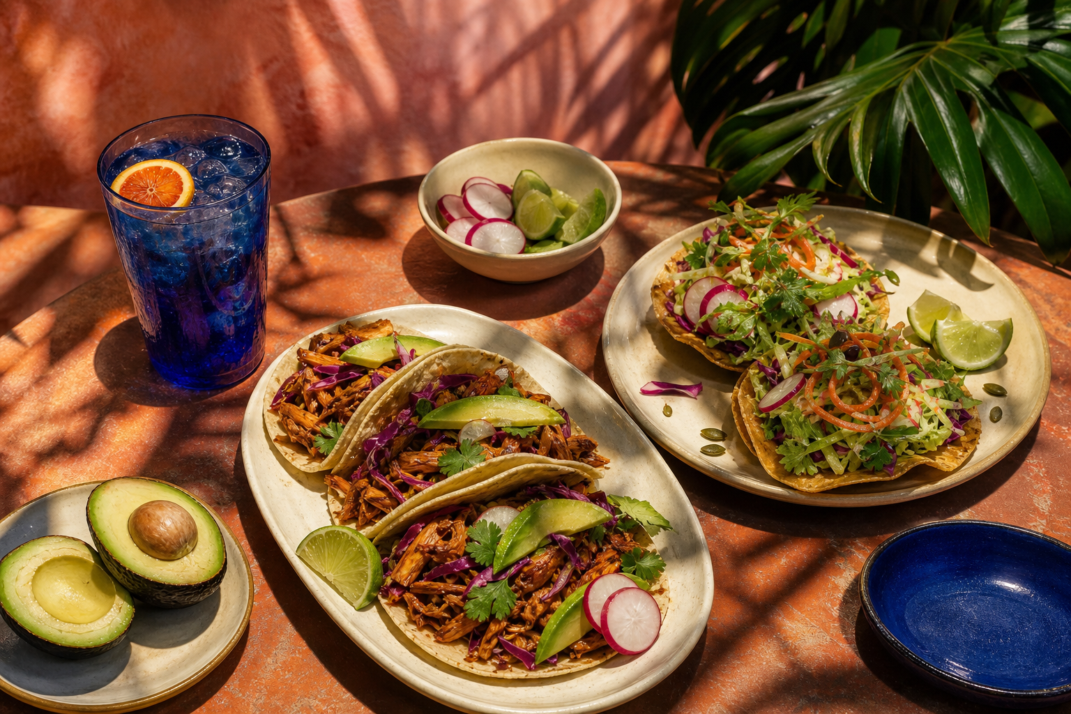Conceptual AI illustration of plant-based tacos and tostadas in tropical light; not actual JaJaJa dishes.