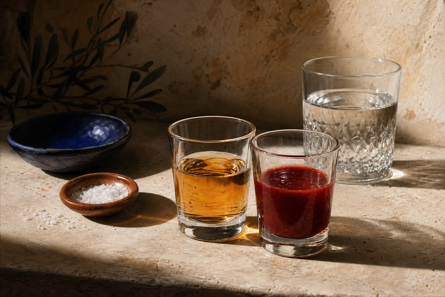 Original AI illustration of amber tequila, red sangrita and water served in separate glasses.