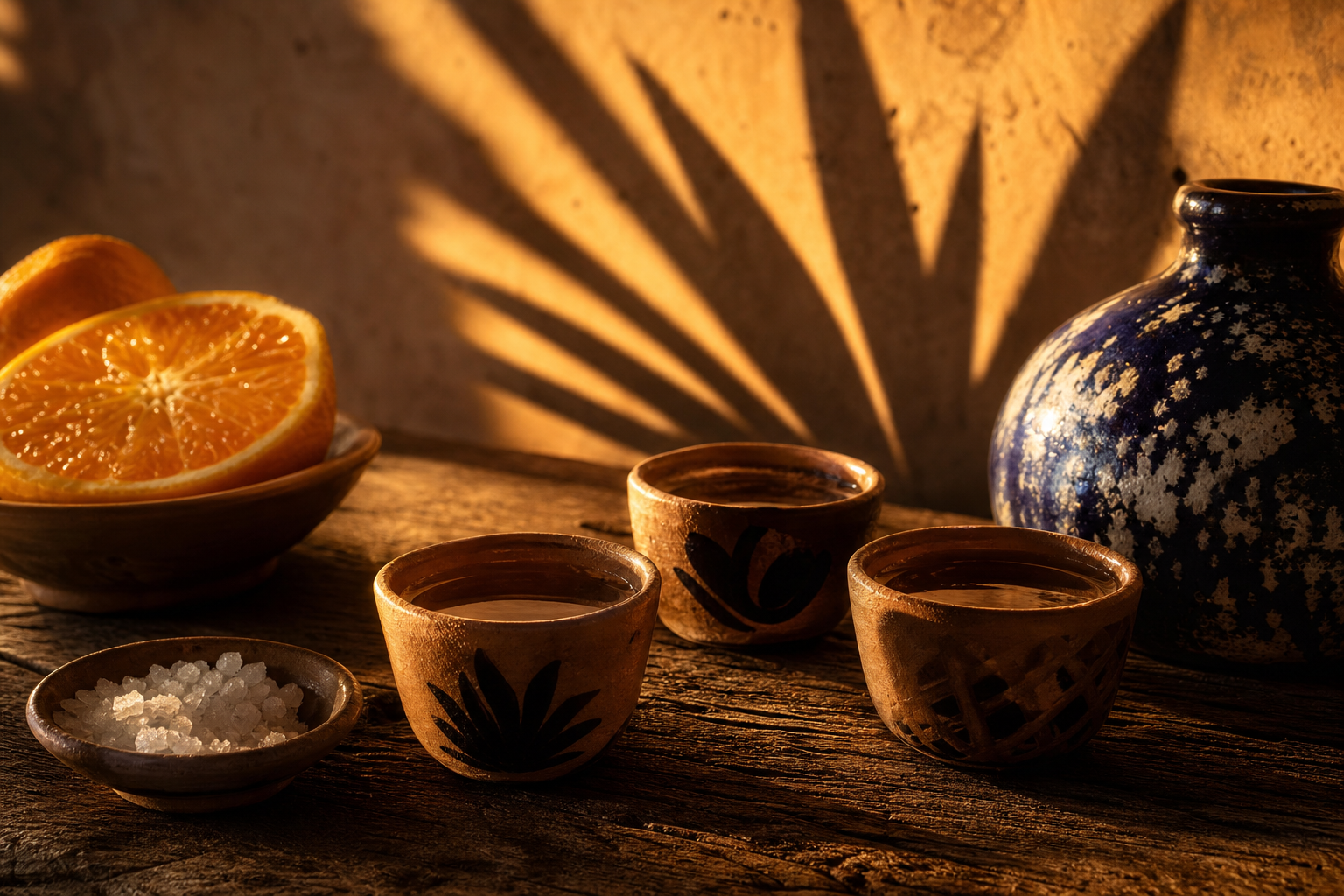 Conceptual AI illustration of clay tasting cups, orange and salt; not a photograph of La Mezca.