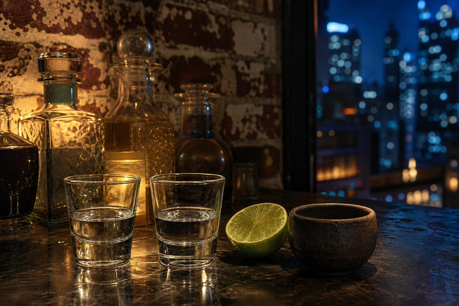 Conceptual AI illustration of small spirit pours on an anonymous brick-lined bar; not Mexi Stone Street.