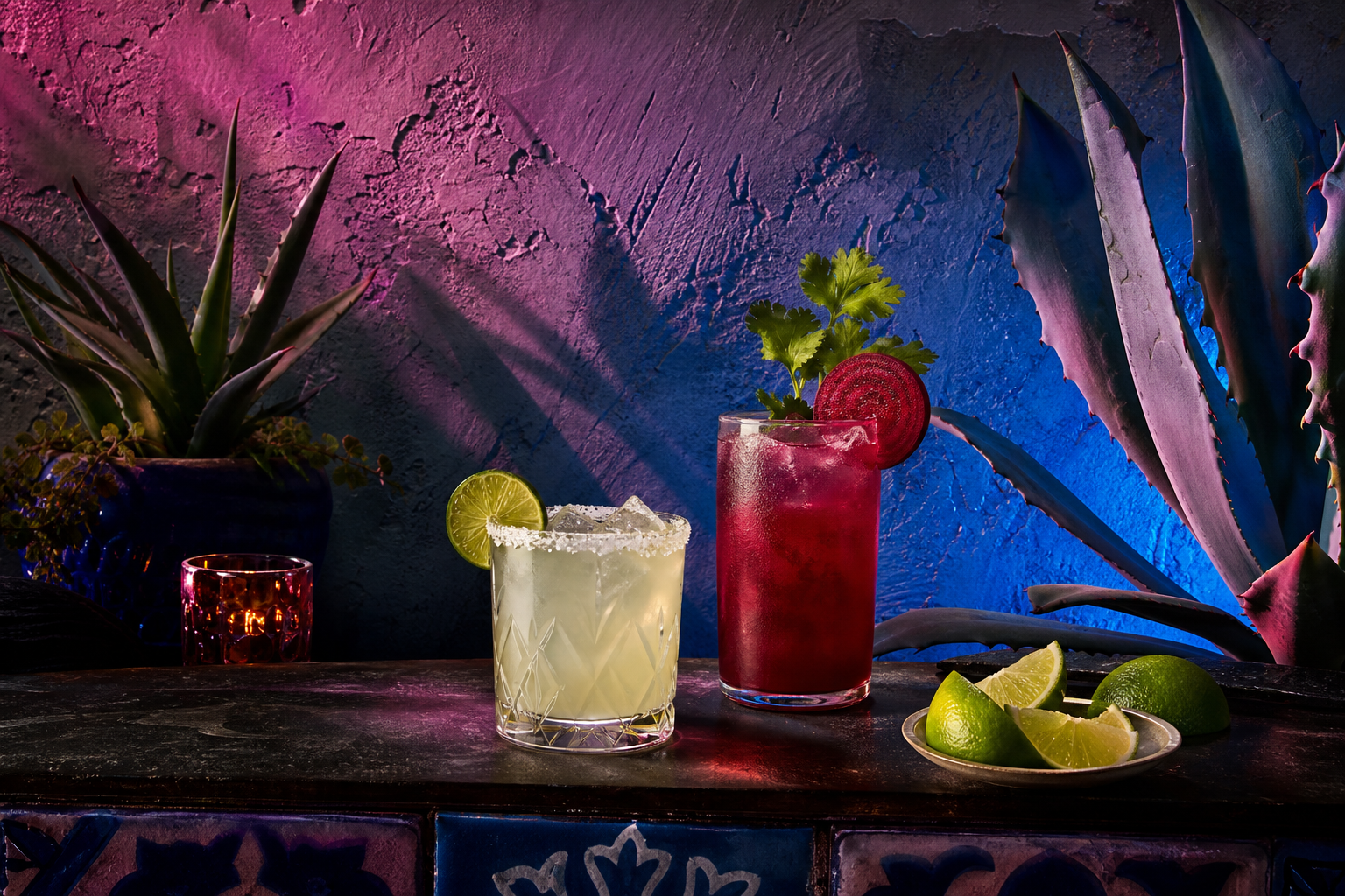 Conceptual AI illustration of pale citrus and red beet cocktails with cobalt and magenta light; not Ghost Donkey.