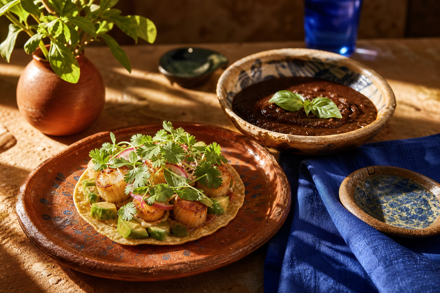 Conceptual AI illustration of a scallop tostada and mole-inspired dish; not a photograph of Hermanas food.