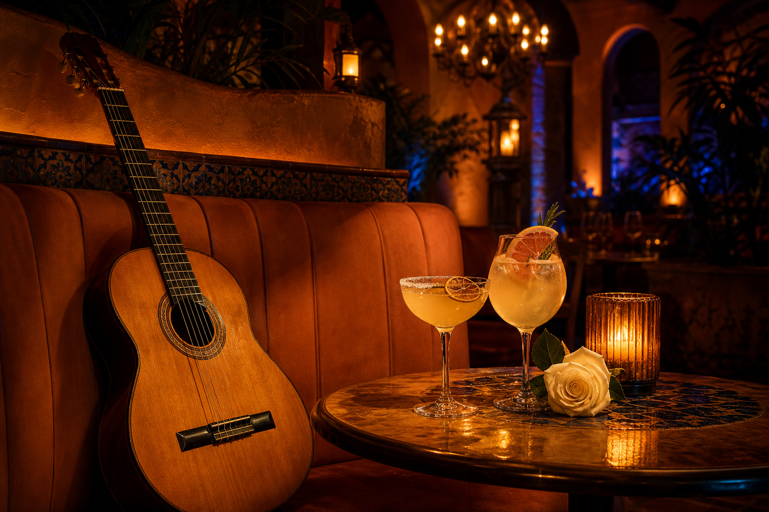 Conceptual AI illustration of cocktails, a guitar and a warm banquette; not the actual Canta Corazón interior.