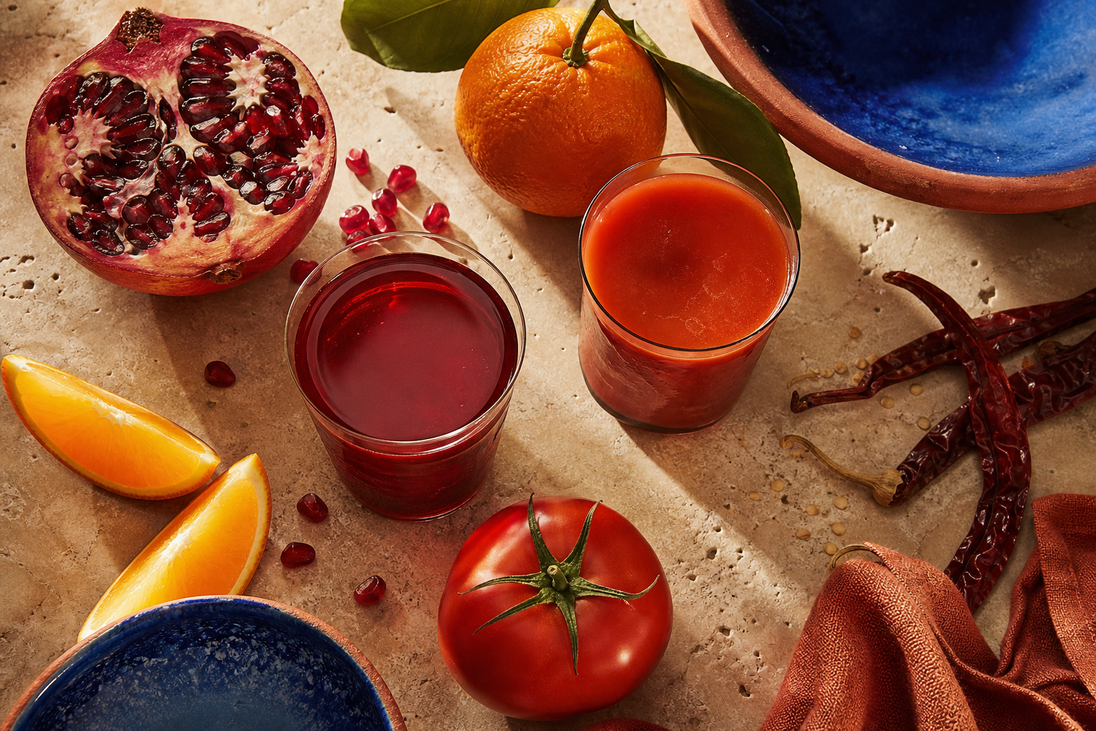 Original AI illustration of two red sangrita pours with tomato, pomegranate, citrus and chile.