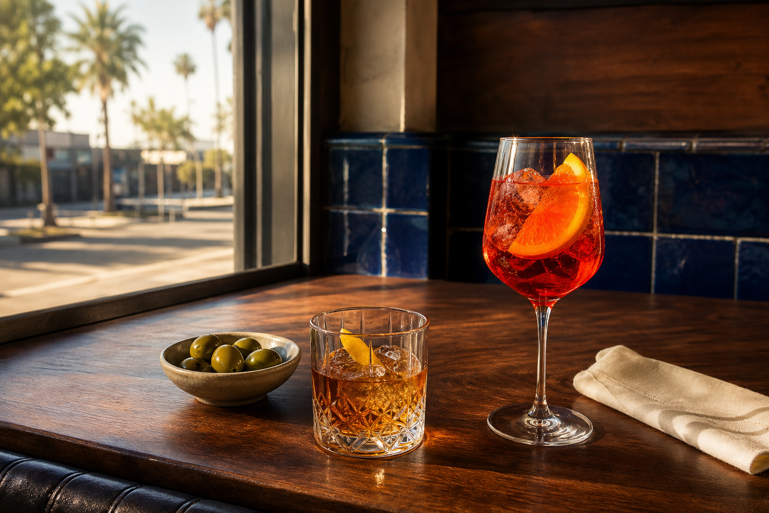 Conceptual AI illustration of two cocktails on a walnut bar with cobalt tiles; not Broken Spanish Comedor.