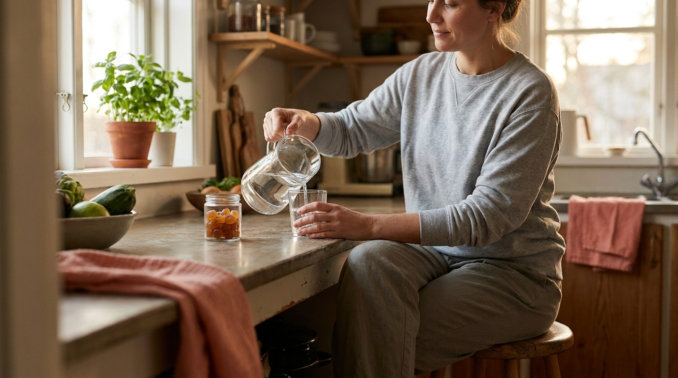 A woman relaxing in a warm evening kitchen pouring a glass of water, with a small jar of gummies on the counter.