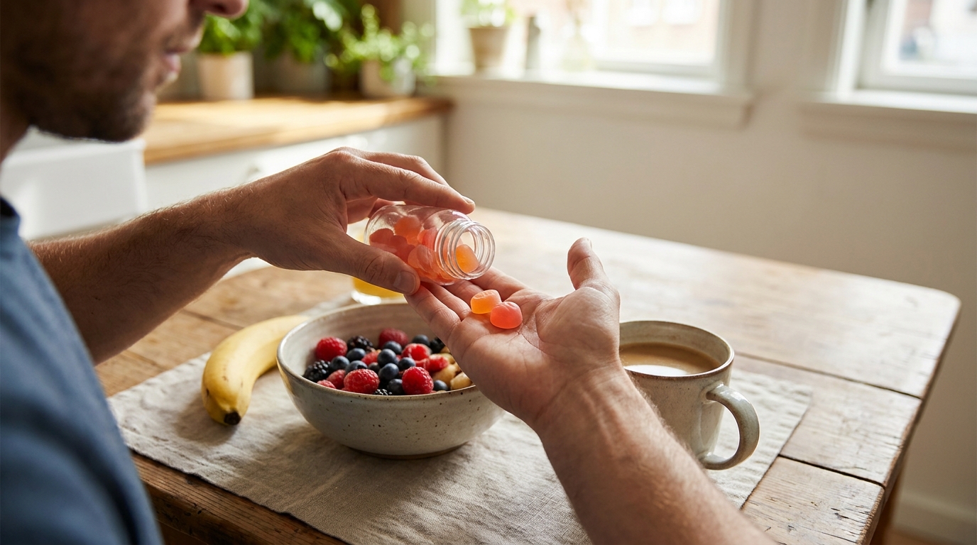 A man's hands tipping two soft gummies from a bottle into his palm at a sunlit breakfast table.