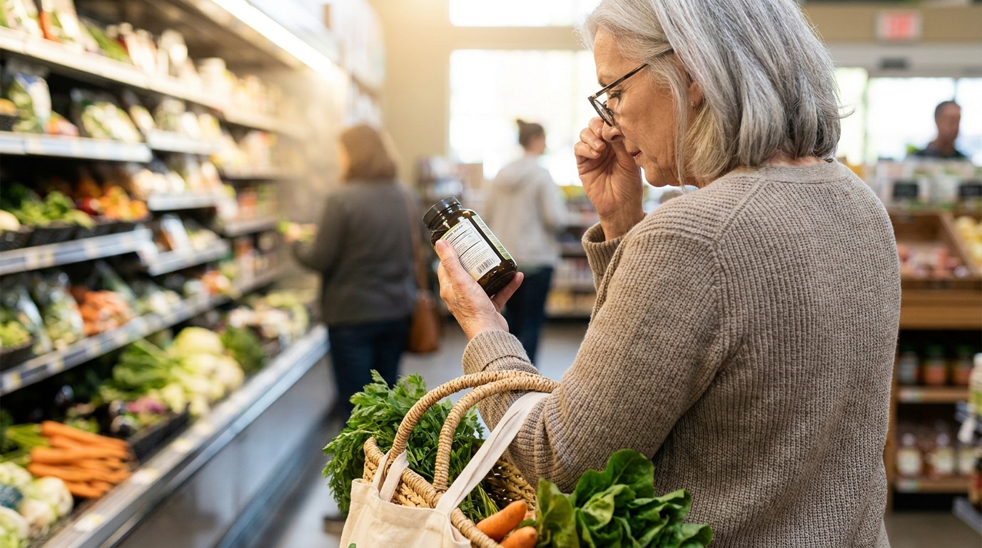 An older woman in a grocery aisle reading the back of a supplement bottle, a basket of vegetables on her arm.