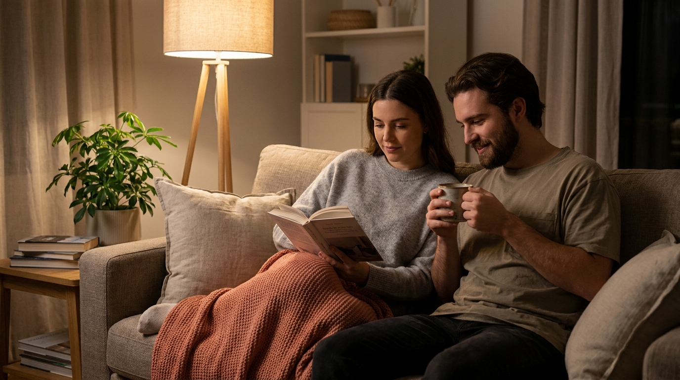 A young couple relaxing on a sofa in the evening with tea and a book under warm lamplight.