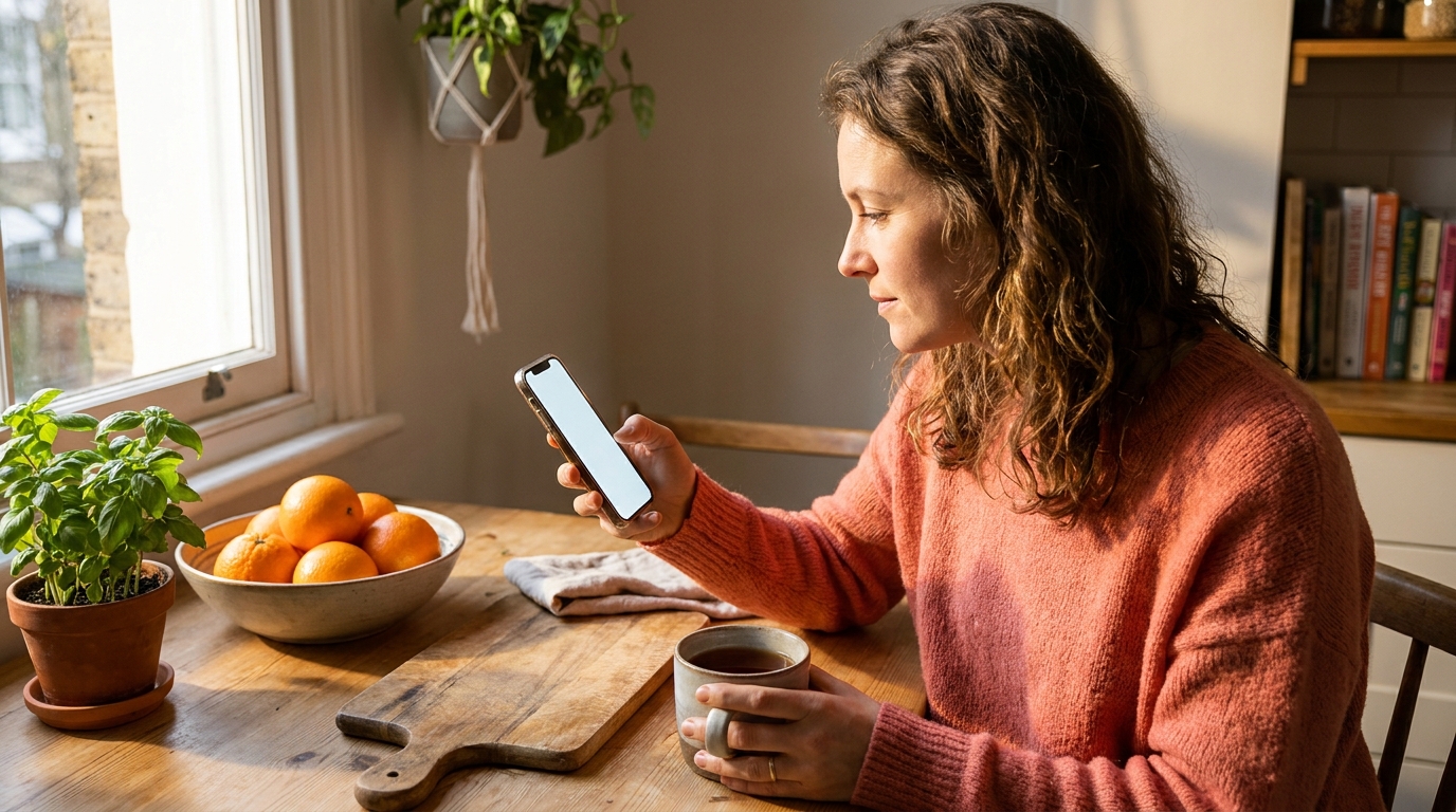 A woman at a sunlit kitchen table with tea and oranges, looking thoughtfully at her phone.